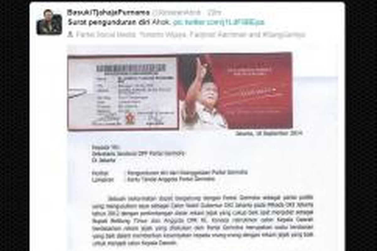 Beredar di media sosial, Rabu (10/9/2014), surat yang disebut sebagai surat pengunduran diri Wakil Gubernur DKI Jakarta Basuki Tjahaja Purnama dari partai pengusungnya, Partai Gerindra. Di gambar itu disertakan pula gambar kartu anggota Basuki