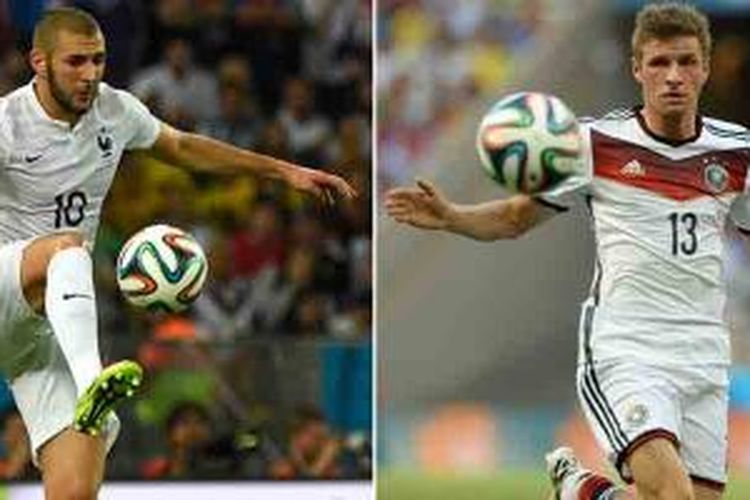 Kombinasi foto yang memperlihatkan aksi penyerang Perancis, Karim Benzema (kiri), ketika bermain di Rio de Janeiro pada 25 Juni 2014, dan penyerang Jerman Thomas Mueller di Fortaleza pada 21 Juni 2014.