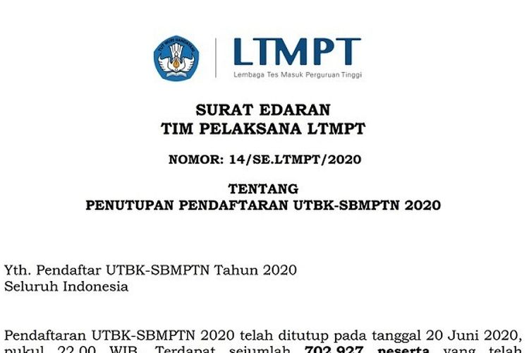 Surat Edaran LTMPT yang baru terkait UTBK-SBMPTN 2020.