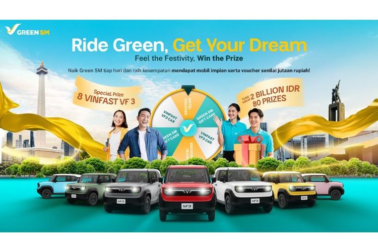 Rayakan semangat kemerdekaan bersama Green SM lewat kampanye Ride Green, Get Your Dream! Naik taksi listrik Green SM dan menangkan 8 mobil listrik VinFast VF 3, voucher hotel mewah, dan hadiah total Rp2 miliar.