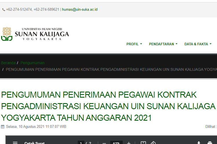 Universitas Islam Negeri Sunan Kalijaga Yogyakarta membuka lowongan pekerjaan sebagai pegawai kontrak pengadministrasi keuangan.