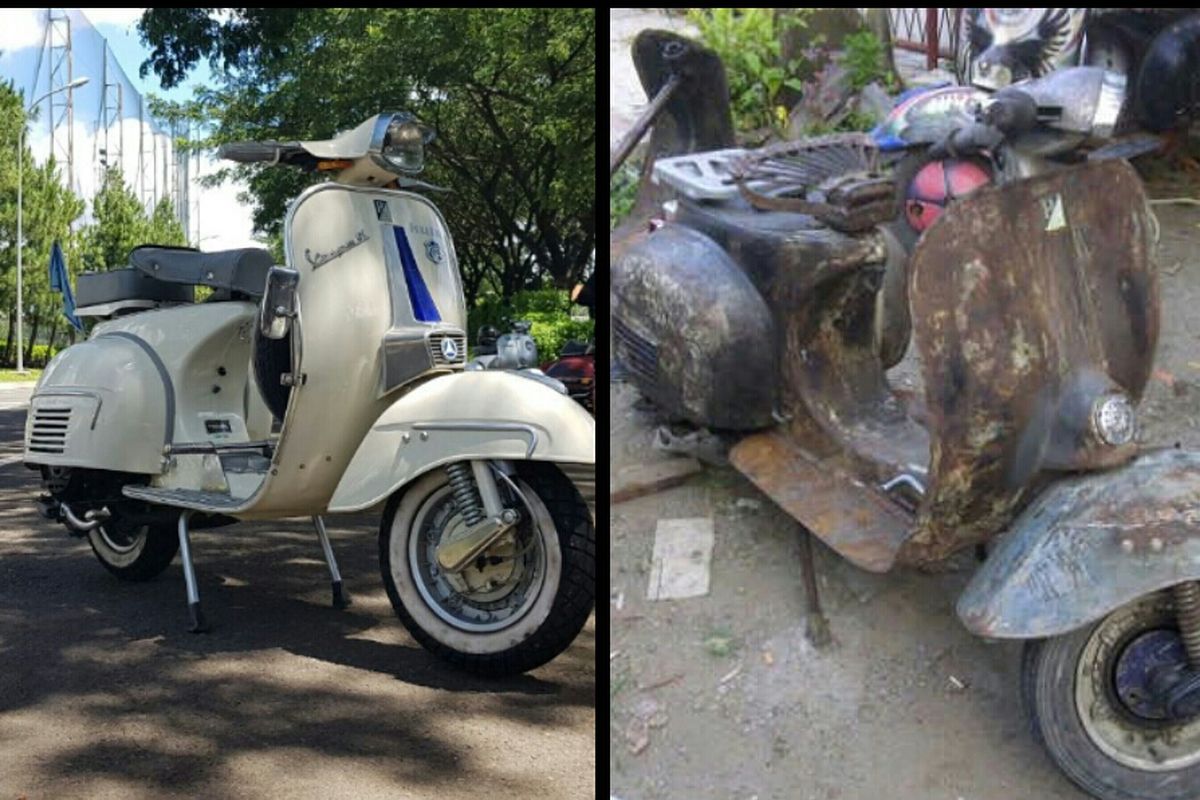 Vespa generasi lawas tipe Gran Lusso sebelum dan setelah direstorasi.