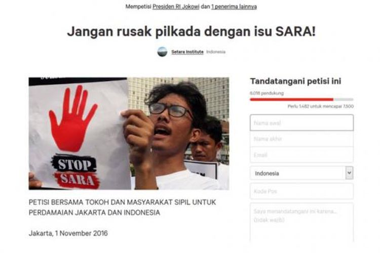 Petisi Jangan rusak pilkada dengan isu SARA! di change.org.