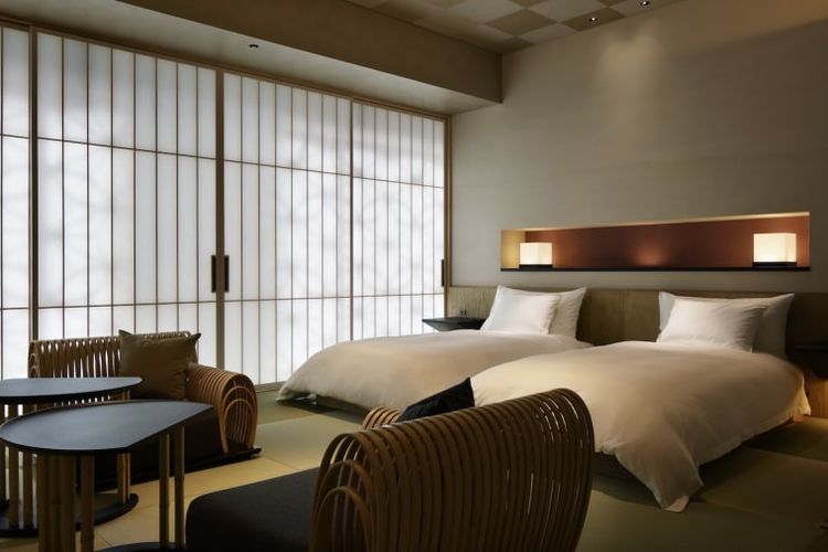 Salah satu kamar di Hoshinoya Tokyo, hotel bergaya ryokan yang berdiri di tengah Kota Tokyo, Jepang.