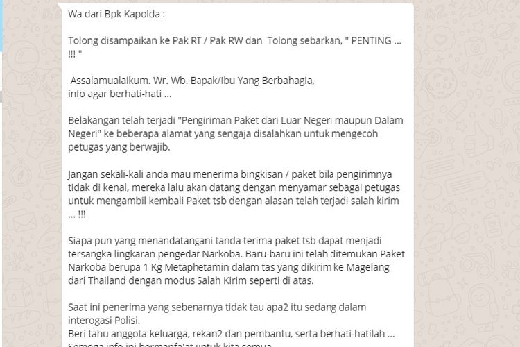 Beredar pesan berantai yang mengatasnamakan Kapolda dan Humas Polri tentang paket palsu dengan nama pengirim yang tidak jelas. Senin, (17/9/2018).