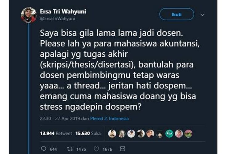 Viral, curhatan dosen pembimbing mengenai hambatan mahasiswa dan dosen pembimbing yang beredar di media sosial Twitter, Sabtu (27/4/2019).