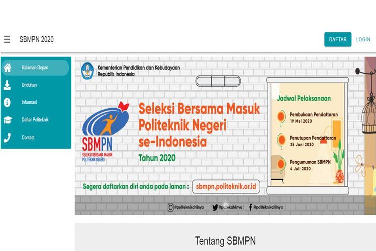 Halaman awal situs SBMPN 2020