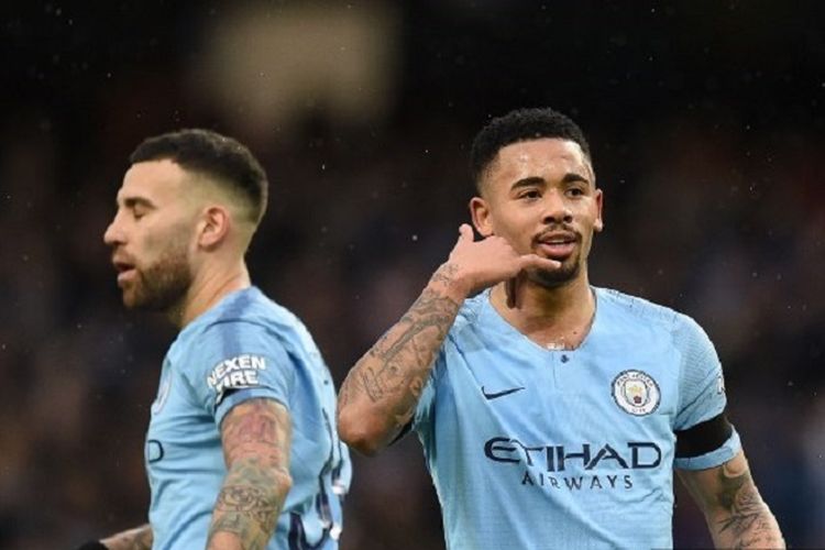 Gaya selebrasi Gabriel Jesus pada pertandingan Manchester City vs Burnley dalam laga Piala FA di Stadion Emirates, 26 Januari 2019. 