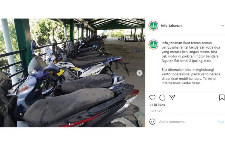 Tangkapan layar unggahan foto yang menampilkan puluhan sepeda motor terparkir hingga berdebu di Bandara Internasional I Gusti Ngurah Rai Bali.