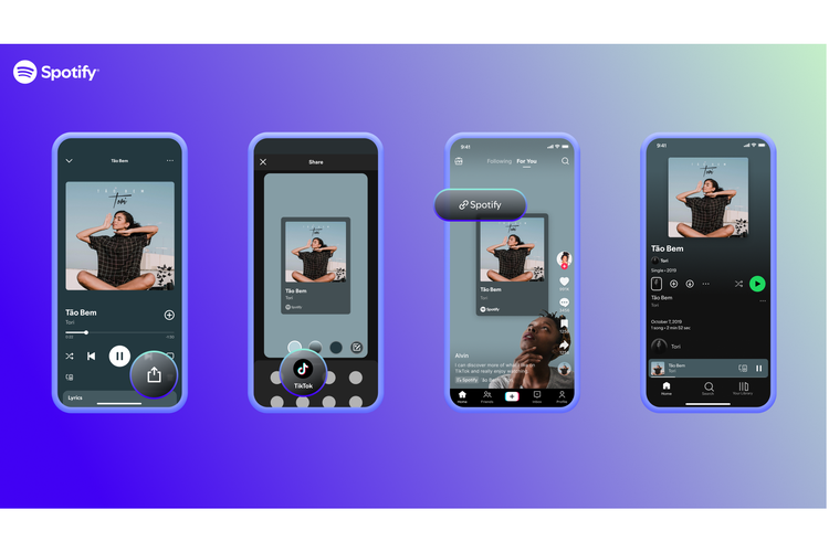 Fitur Share to TikTok di Spotify. Fitur baru ini memungkinkan penggemar musik membagikan musik favorit pengguna langsung dari Spotify dan Apple Music ke TikTok Feed (FYP atau Stories) dan pesan langsung (DM) TikTok. 
