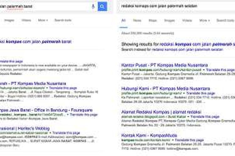 Perbedaan cara kerja algoritma spelling suggestion Google dalam menebak maksud pencarian pengguna. Algoritma mesin search engine bisa menyarankan kata kunci alternatif ke pengguna (gambar kiri) atau langsung menampilkan hasil berdasar kata kunci tersebut apabila benar-benar yakin bakal membuahkan pencarian yang lebih relevan.  