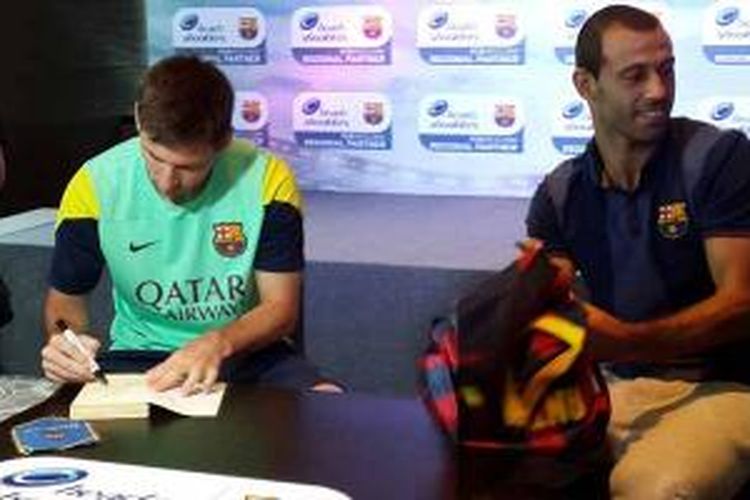 Acara meet and greet Lionel Messi dan Javier Mascherano di Hotel Okura Prestige Bangkok, Rabu (7/8/2013).