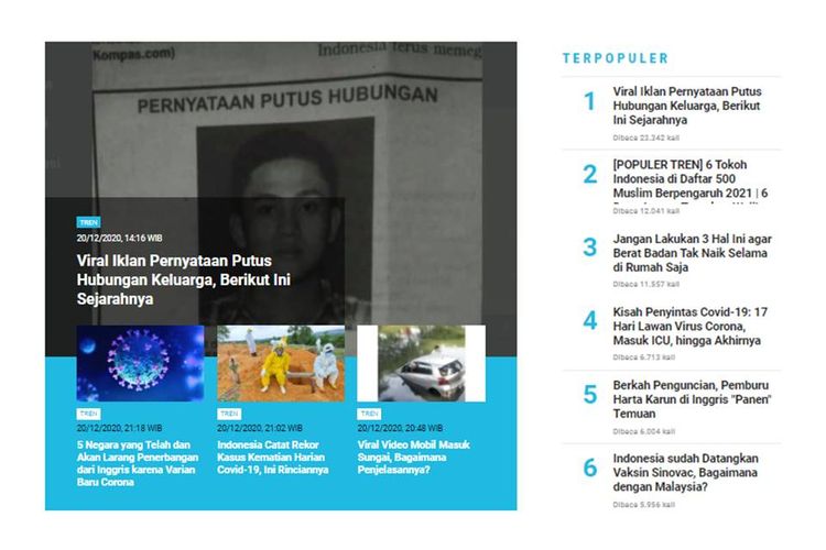 Berita populer Tren 21 Desember 2020: Sejarah iklan pernyataan putus hubungan keluarga | 3 hal yang jangan dilakukan agar berat badan tak naik.