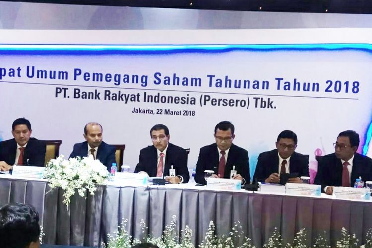 Konferensi pers PT Bank Rakyat Indonesia Tbk usai Rapat Umum Pemegang Saham Tahunan (RUPST) di Kantor Pusat BRI, Jakarta, Kamis (22/3/2018).