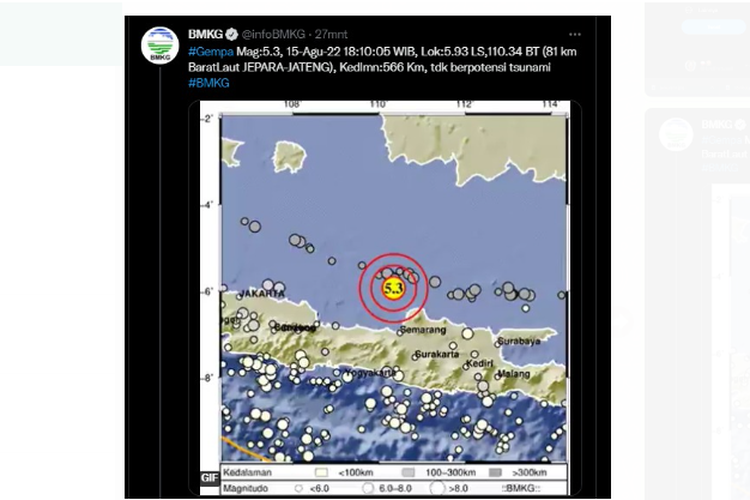 Gempa bumi berkekuatan magnitudo 5,3 mengguncang Kabupaten Jepara, Jawa Tengah dan sekitarnya pada Senin (15/8/2022) pukul 18.10.05 WIB.