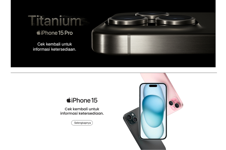 Tangkapan layar poster iPhone 15 dan iPhone 15 Pro series yang terpajang di laman landas situs Apple Authorized Reseller Indonesia, seperti Digimap dan iBox.