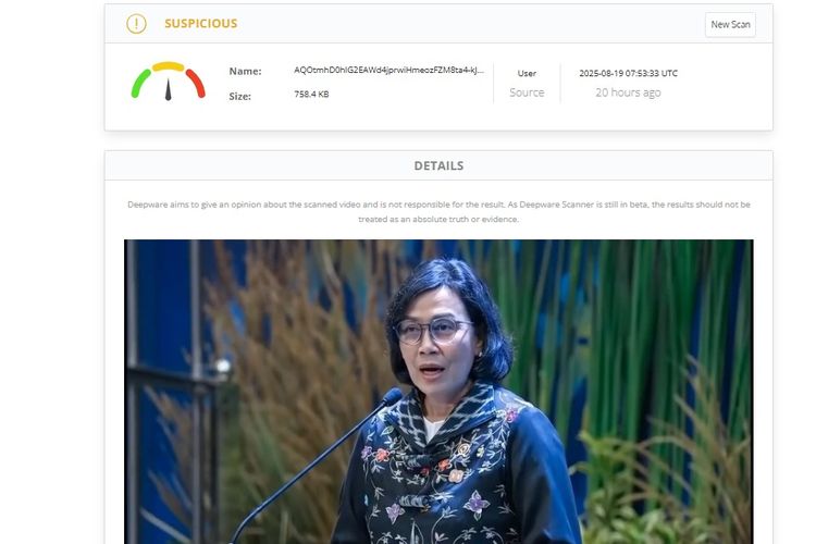 Hasil uji terhadap video Sri Mulyani mengatakan guru itu beban negara terdeteksi sebagai konten AI generatif.