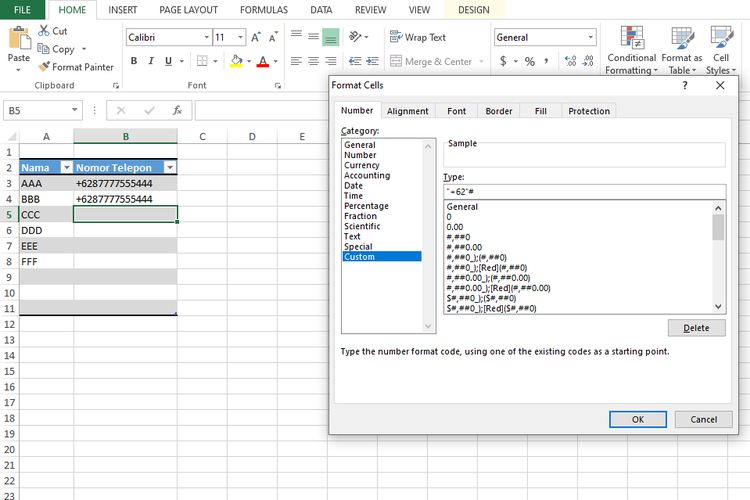 Ilustrasi cara masukan nomor telepon di Excel