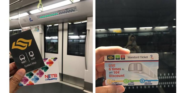 Kartu EZ Link dan standard ticket untuk menaiki MRT Singapore.