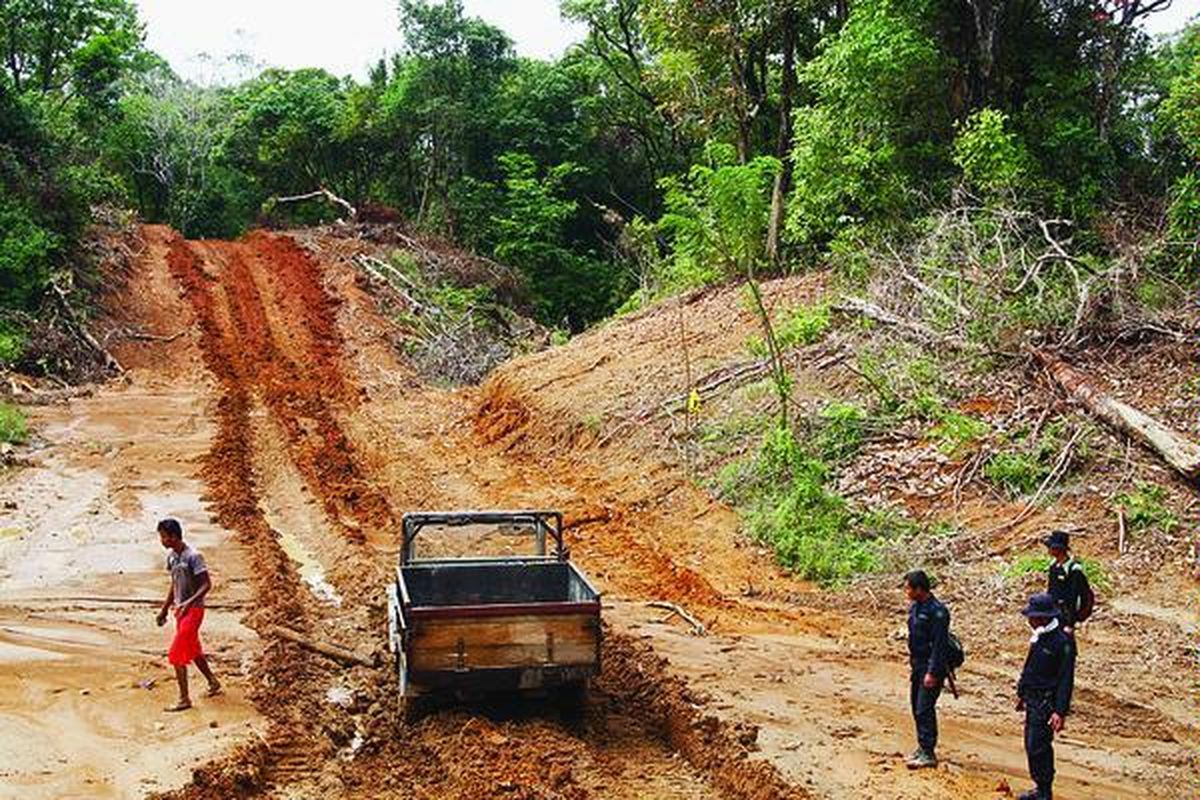 Kondisi jalan tanah yang baru dibuka di dalam kawasan Taman Nasional Ujung Kulon, Pandeglang, Banten, Sabtu (16/7). Jalan itu akan diberi pagar beraliran listrik sepanjang 20 kilometer, mulai dari Cilintang menuju Aermokla. Hal ini diprotes pakar dan aktivis lingkungan.