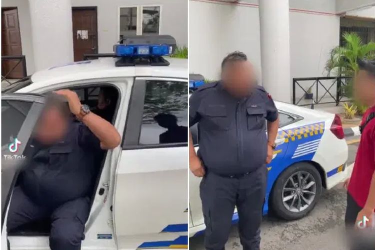 Tangkapan layar dari video polisi Malaysia berbadan gemuk tampak kesulitan keluar dari mobilnya ketika akan diwawancarai.