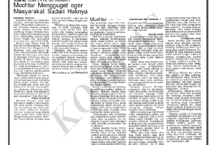 Mochtar Kusumaatmadja mengingatkan pentingnya kesadaran soal hak, tayang di harian Kompas edisi 6 April 1987.