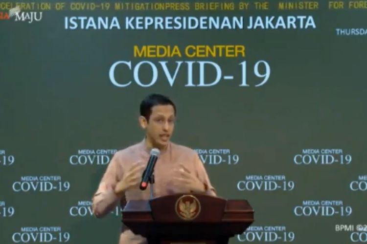 Mendikbud Nadiem Anwar Makarim pada acara media briefing Adaptasi Sistem Pendidikan selama Covid-19, di Istana Kepresidenan Jakarta, Kamis (14/5/2020).