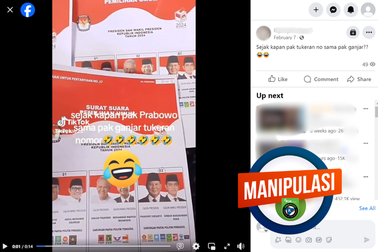 Tangkapan layar konten manipulasi di sebuah akun Facebook, 7 Februari 2024, soal nomor urut pada surat suara Pilpres 2024 yang sengaja ditukar.