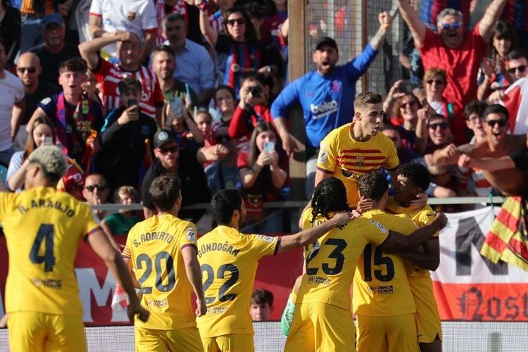 Momen selebrasi gol Andreas Christensen dalam laga pekan ke-34 LaLiga antara Girona vs Barcelona di Stadion Montilivi pada 4 Mei 2024. (Photo by LLUIS GENE / AFP)