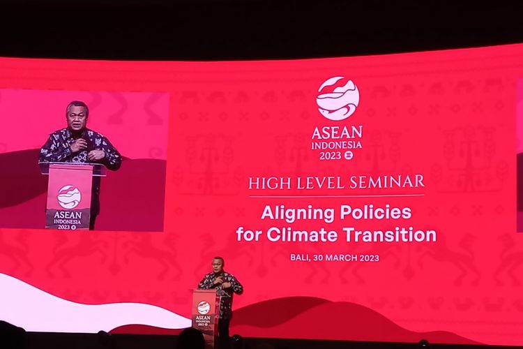 Gubernur Bank Indonesia (BI) Perry Warjiyo dalam Seminar ASEAN 2023: The Role of Central Bank in Aligning Climate Transition di Nusa Dua, Bali, Kamis (30/3/2023).