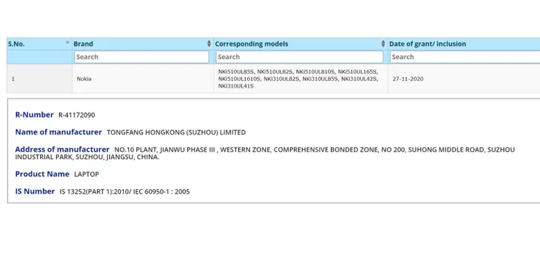 Tangkapan layar sertifikasi laptop Nokia dari situs Bureau of Indian Standards (BIS).