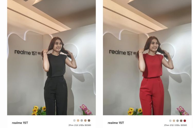 Hasil foto ponsel Realme 15T 5G sebelum diedit menggunakan fitur AI Edit Genie (kiri) dan sesudah diedit (kanan). Dalam percobaan ini, kami meminta AI untuk mengubah warna pakaian objek dari hitam menjadi merah.