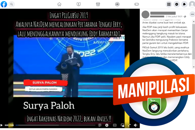 Tangkapan layar konten manipulasi di sebuah akun Facebook, 3 Mei 2023, soal video pidato Surya Paloh mengumumkan Partai Nasdem resmi mendukung Ganjar Pranowo.