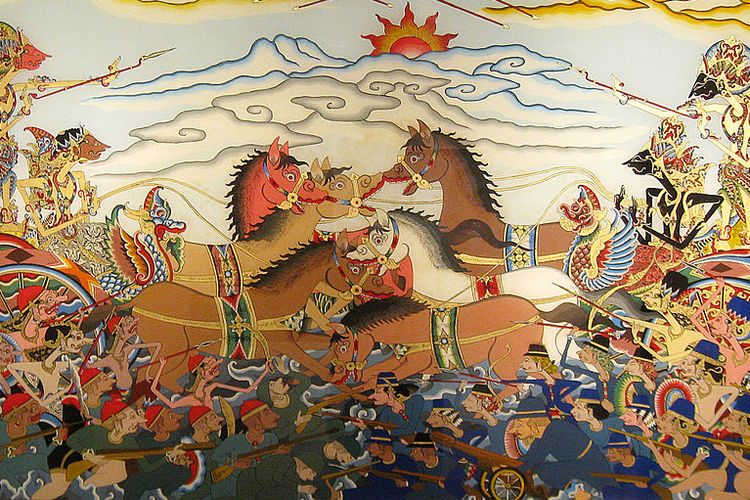 Pertarungan Karna (kiri) melawan Arjuna, suatu adegan dari Bharatayuddha, dalam bentuk lukisan kaca Cirebon.