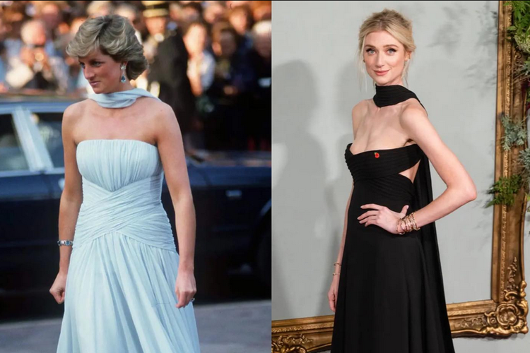 Elizabeth debicki mengenakan gaun dengan potongan yang mirip busana Putri Diana tahun 1987 silam.
