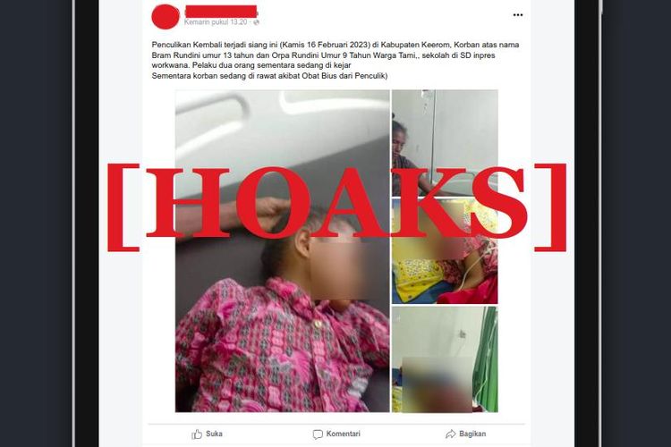 Hoaks dua anak di Kabupaten Keerom, Papua, dibius dan diculik padahal dibius oleh dokter rumah sakit