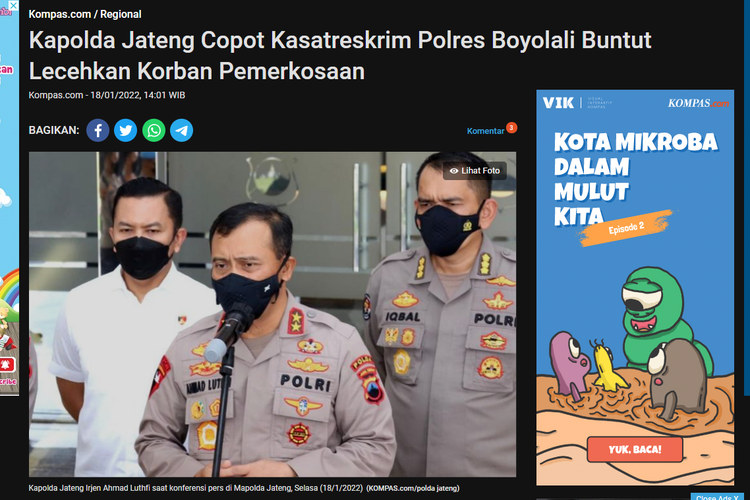 Tangkapan layar foto keterangan pers dari Kapolda Jateng ini juga diberitakan oleh Kompas.com pada 18 Januari 2022.