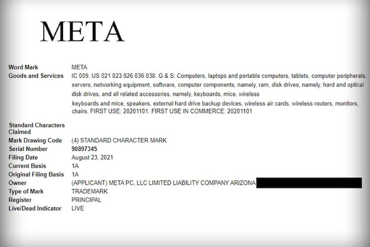 Dokumen pendaftaran merek dagang Meta dari perusahaan Meta PC.