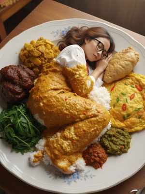 Contoh hasil prompt Gemini AI tidur di atas piring nasik Padang dengan bantal lauk dan selimut kuah gulai.