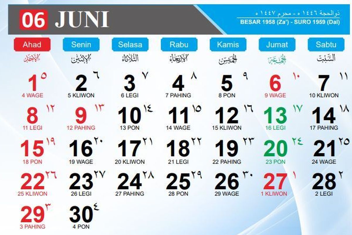 Kalender bulan Juni 2025. Salah satu tanggal merah jatuh pada tanggal 27 Juni 2025 mendatang.