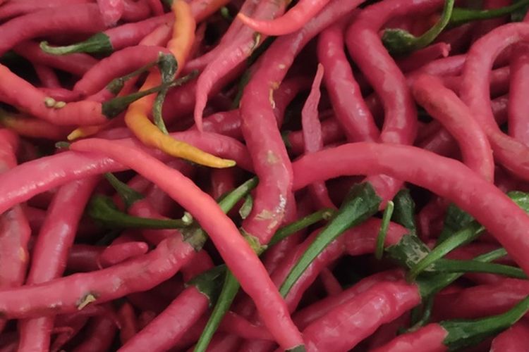 Salah seorang pedagang cabai merah keriting di Pasar Bendungan, Kulon Progo, Daerah Istimewa Yogyakarta.