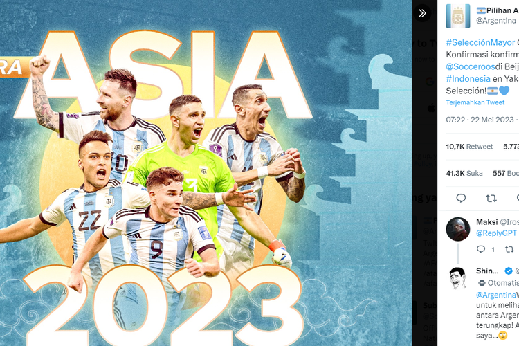 Tangkap layar poster timnas Argentina untuk FIFA Matchday 2023 melawan Indonesia. (Twitter/@Argentina).