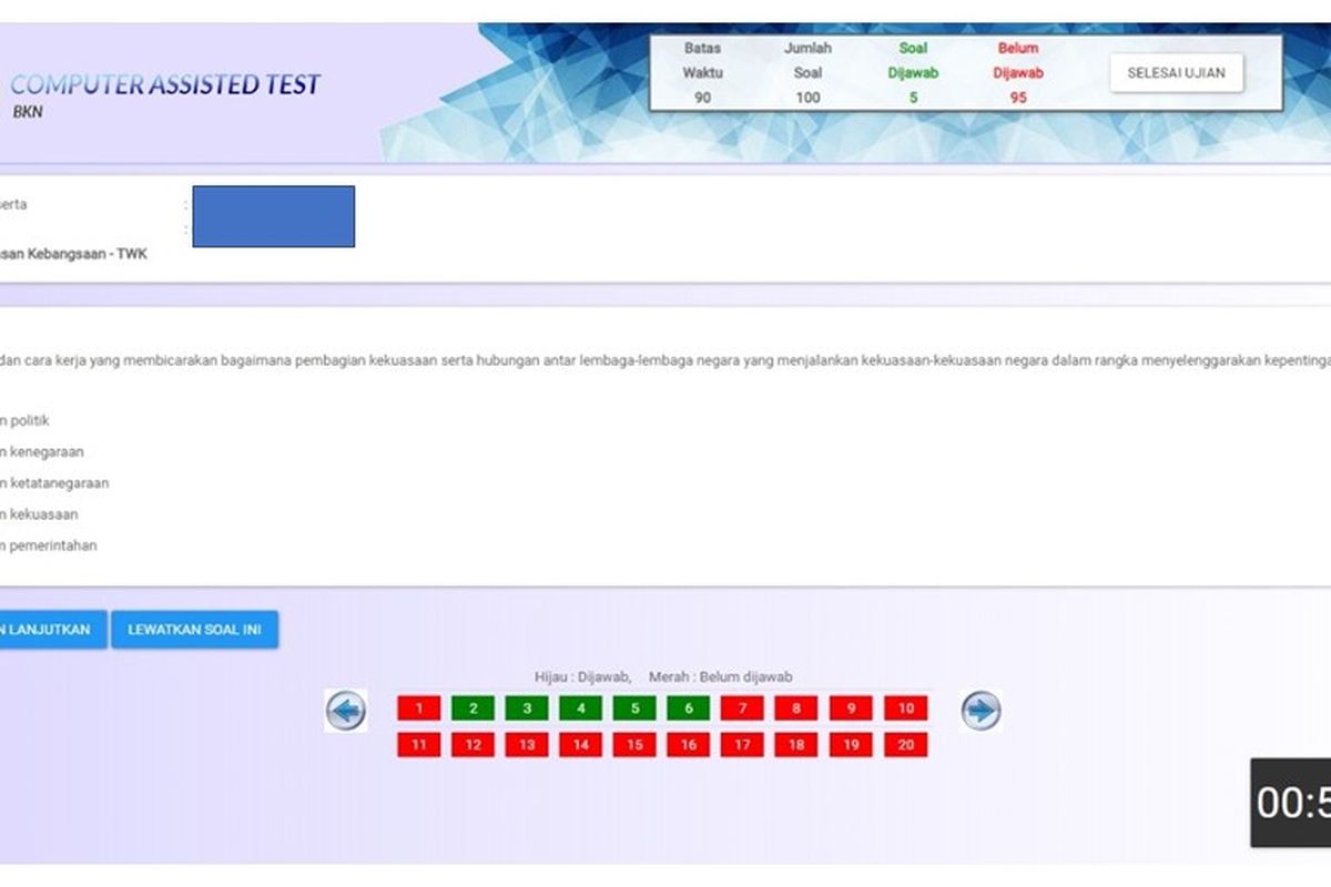 Tampilan simulasi tes mandiri CAT BKN.