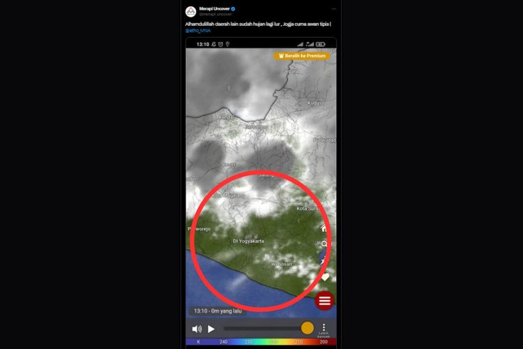 Tangkapan layar unggahan berisi citra satelit yang menunjukkan kemunculan awan tipis di Daerah Istimewa Yogyakarta ketika wilayah lain sudah diguyur hujan.