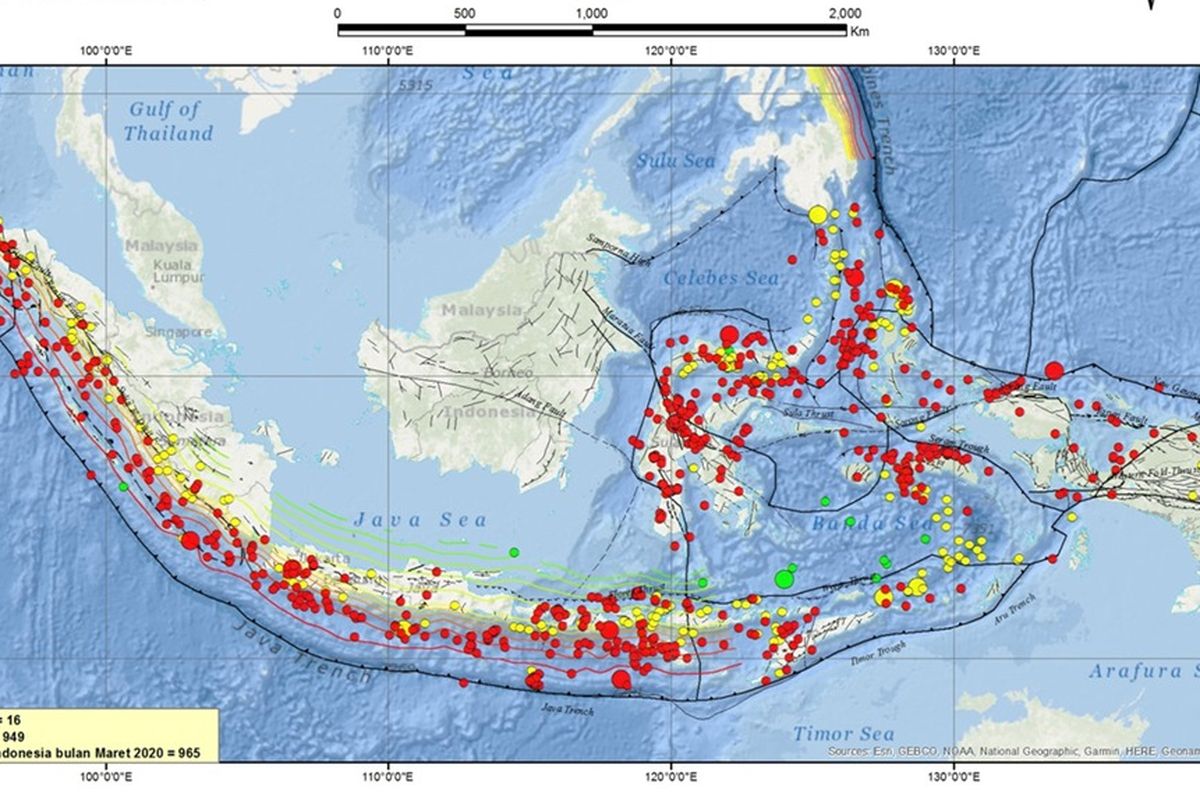 Peta sebaran gempa selama Maret 2020 di Indonesia. Menurut BMKG, terdapat 965 kali guncangan gempa selama Maret 2020 di Indonesia.