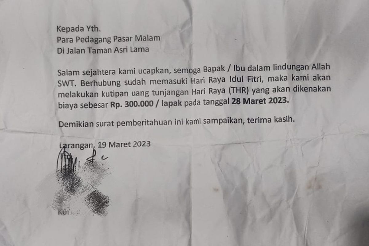 Polres Metro Tangerang Kota mengamankan tujuh oknum pelaku pemerasan modus tunjangan hari raya (THR) terhadap pedagang kaki lima (PKL) Kota Tangerang.  Tujuh pelaku tersebut diamankan  di Jalan Taman Asri lama, Kelurahan Cipadu jaya dan Cipadu Induk, Kecamatan Larangan Kota Tangerang pada Selasa (28/3/2023).