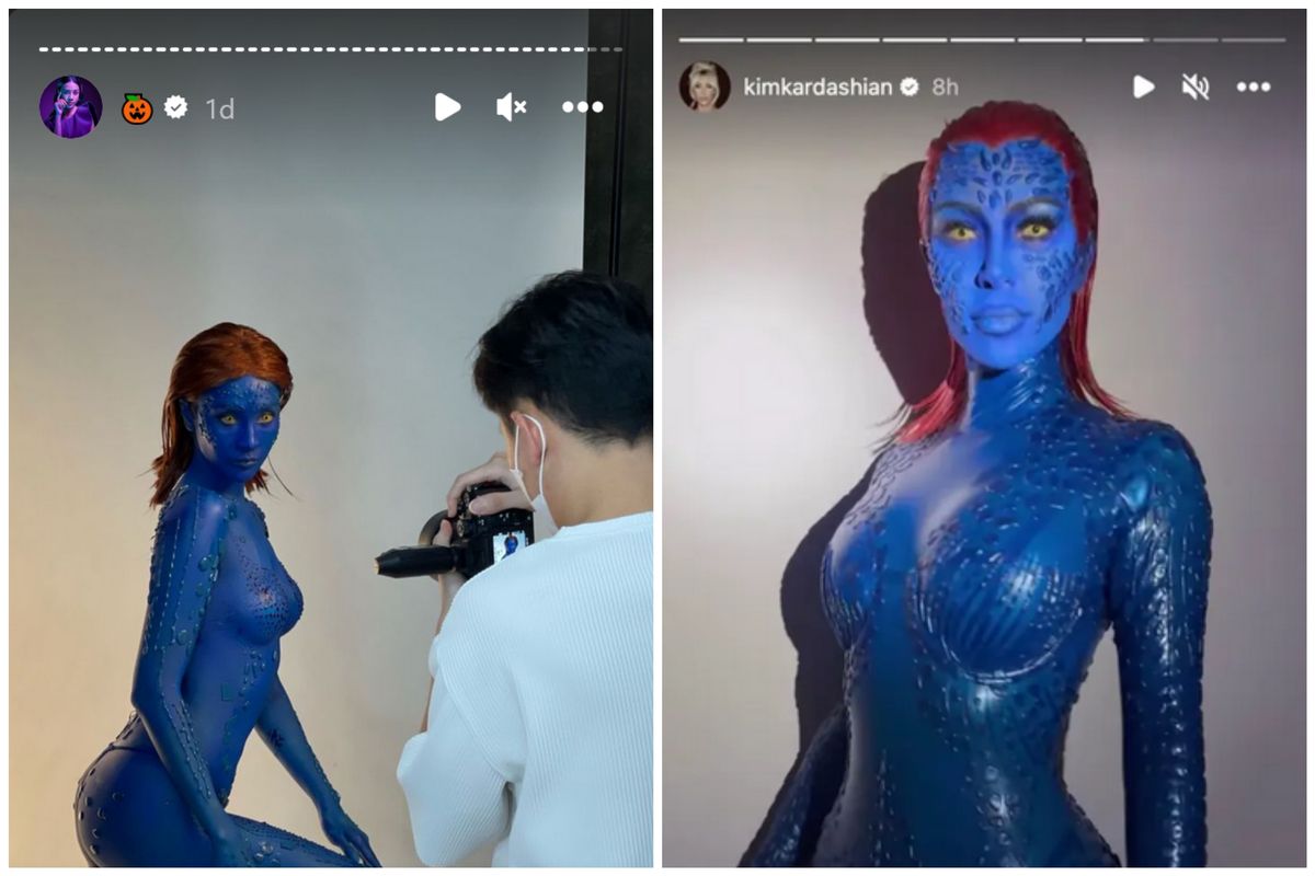 Kostum Halloween Anya Geraldine dan Kim Kardashian yang sama-sama bertema Mystique, karakter di X-Men
