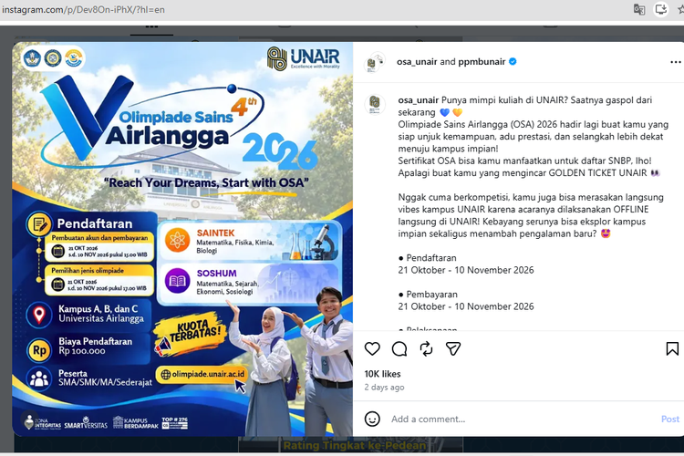 Olimpiade Sains Airlangga 2026 bagi Murid SMA, Peluang Masuk Unair Jalur SNBP dan Mandiri