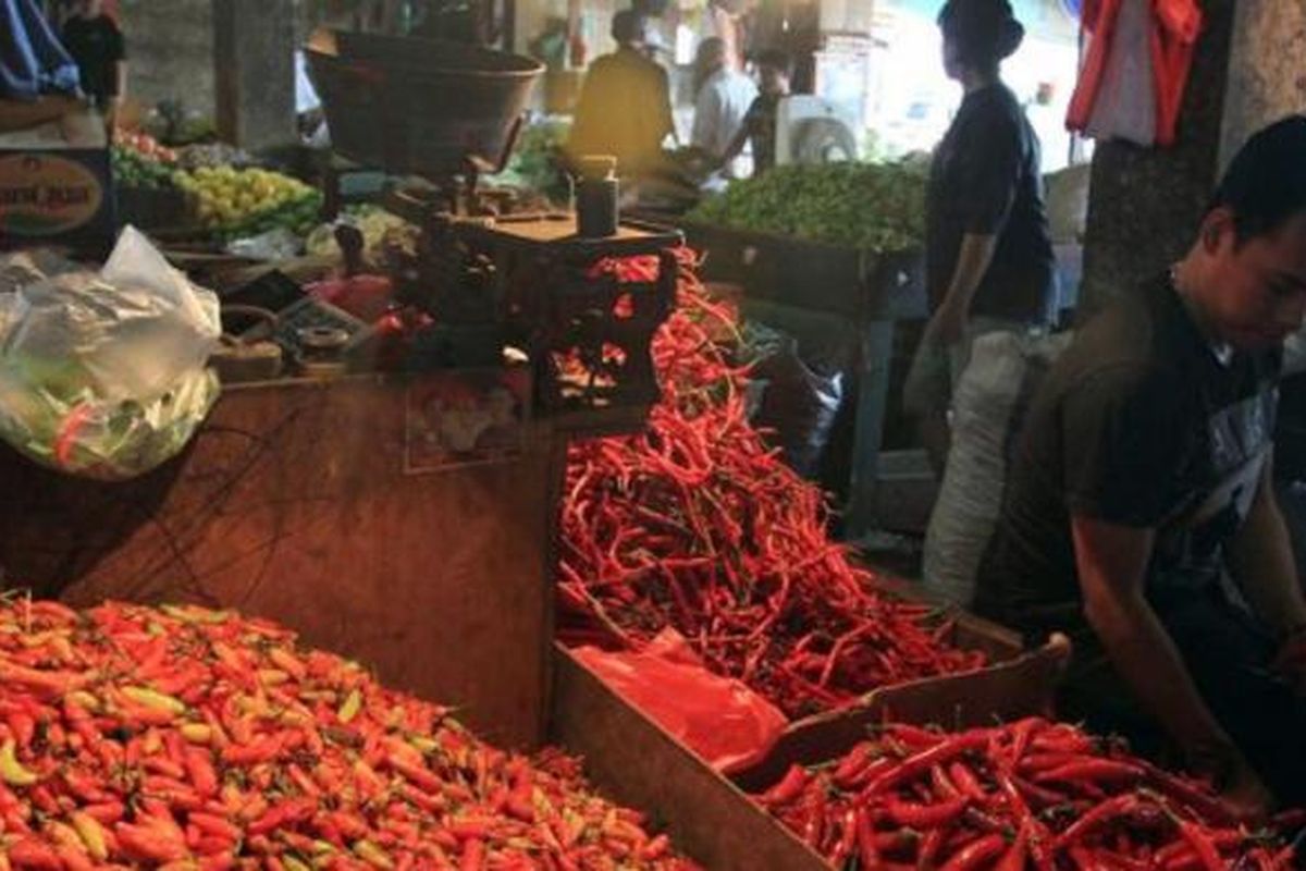 Pedagang sedang memilah cabe rawit merah untuk dijual kepada konsumen di Pasar Senen, Jakarta Pusat, Senin (8/7/2013). Menjelang bulan Ramadhan, sejumlah bahan pokok naik. Terlihat harga cabe rawit merah naik drastis dari Rp 41.000 per kilogram menjadi Rp 80.000 per kilogram.