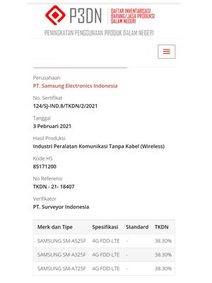 Sertifikat TKDN tiga ponsel yang diduga kuat sebagai Galaxy A32, A52 dan A72
